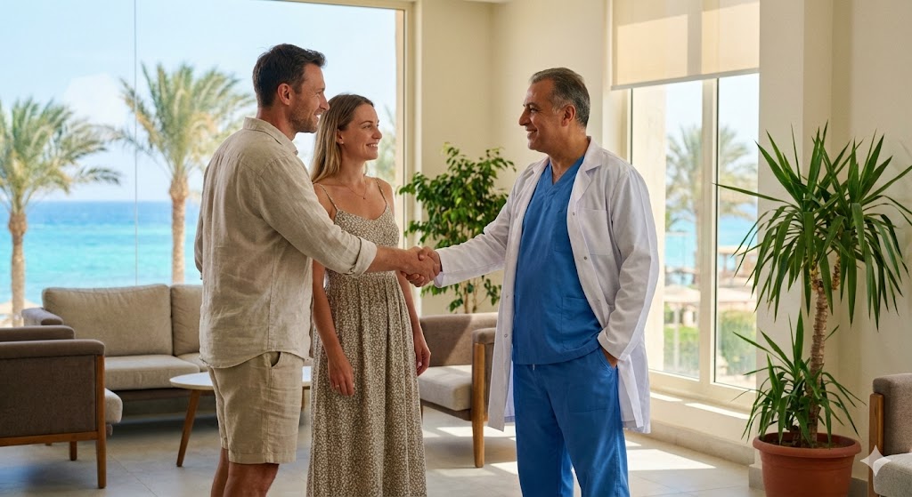 Friendly doctor welcoming European tourists at Noor Clinic modern lobby in Hurghada, building trust.