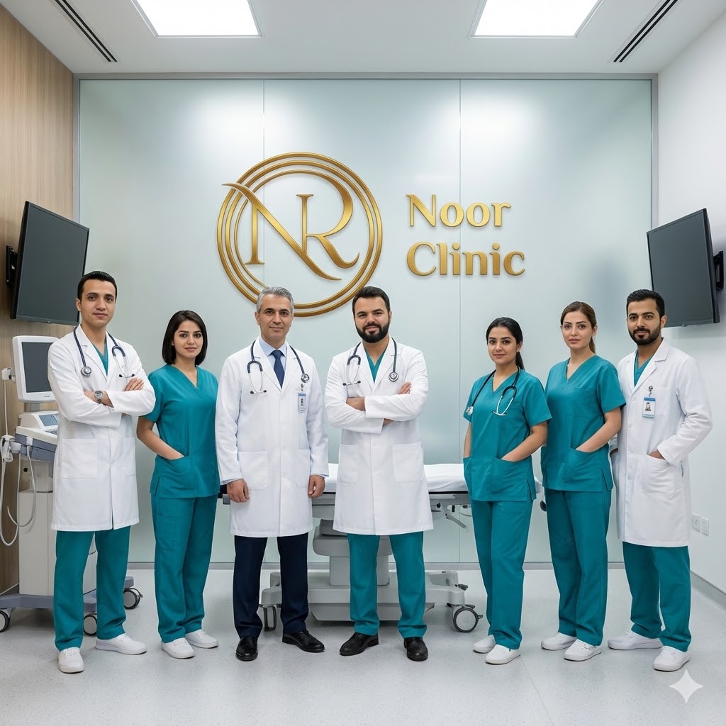 Professional medical team at Noor Clinic standing in front of advanced medical equipment.