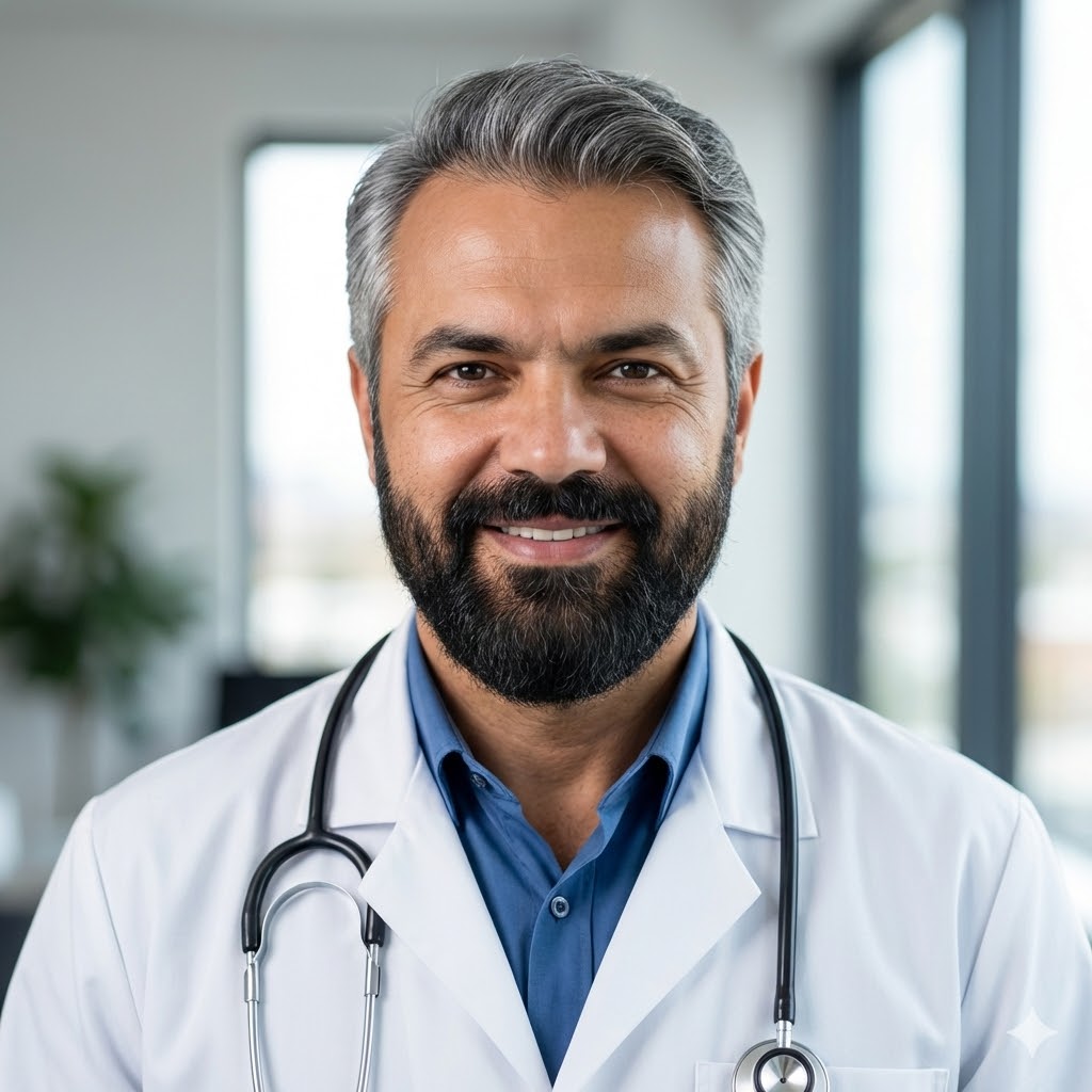 Senior medical consultant portrait providing expert care for tourists at Hurghada clinic