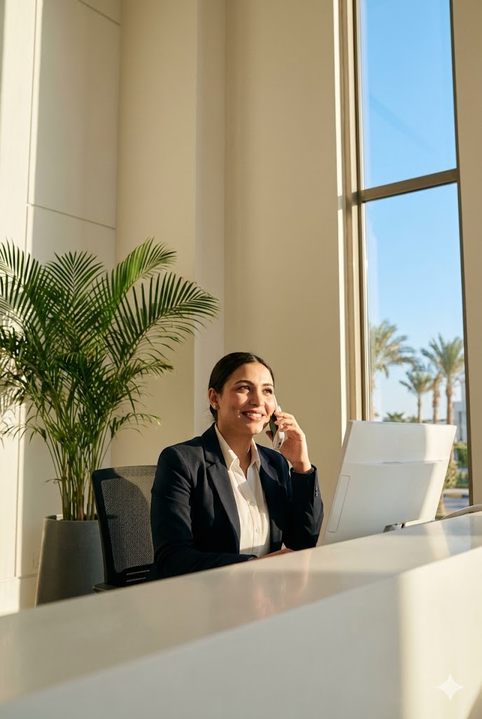 Vertical shot of a friendly receptionist at Noor Clinic Hurghada assisting with bookings.